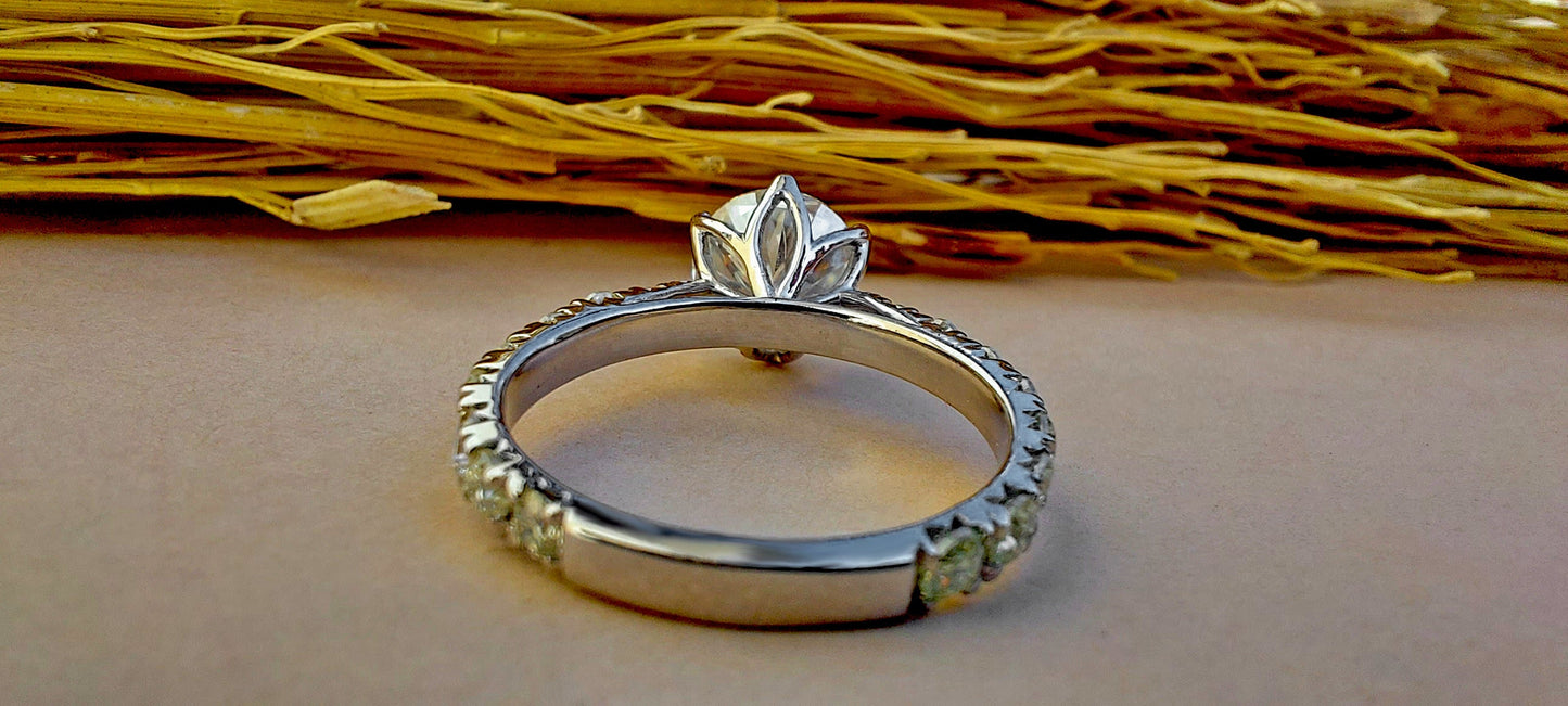 Tulip Lotus Prong French Pave Band Round Moissanite Bridal Set, flower basket , Petal Prongs, Promise\proposal Ring.