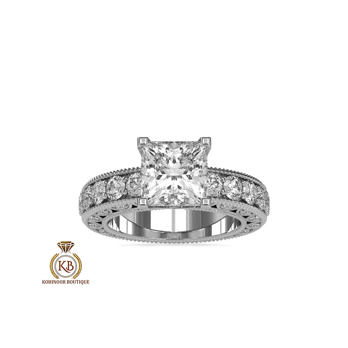 Vintage Princess Cut Moissanite Solitaire Engagement ring with side scallop 3 side pave Band, milgrain detail on band, art deco ring