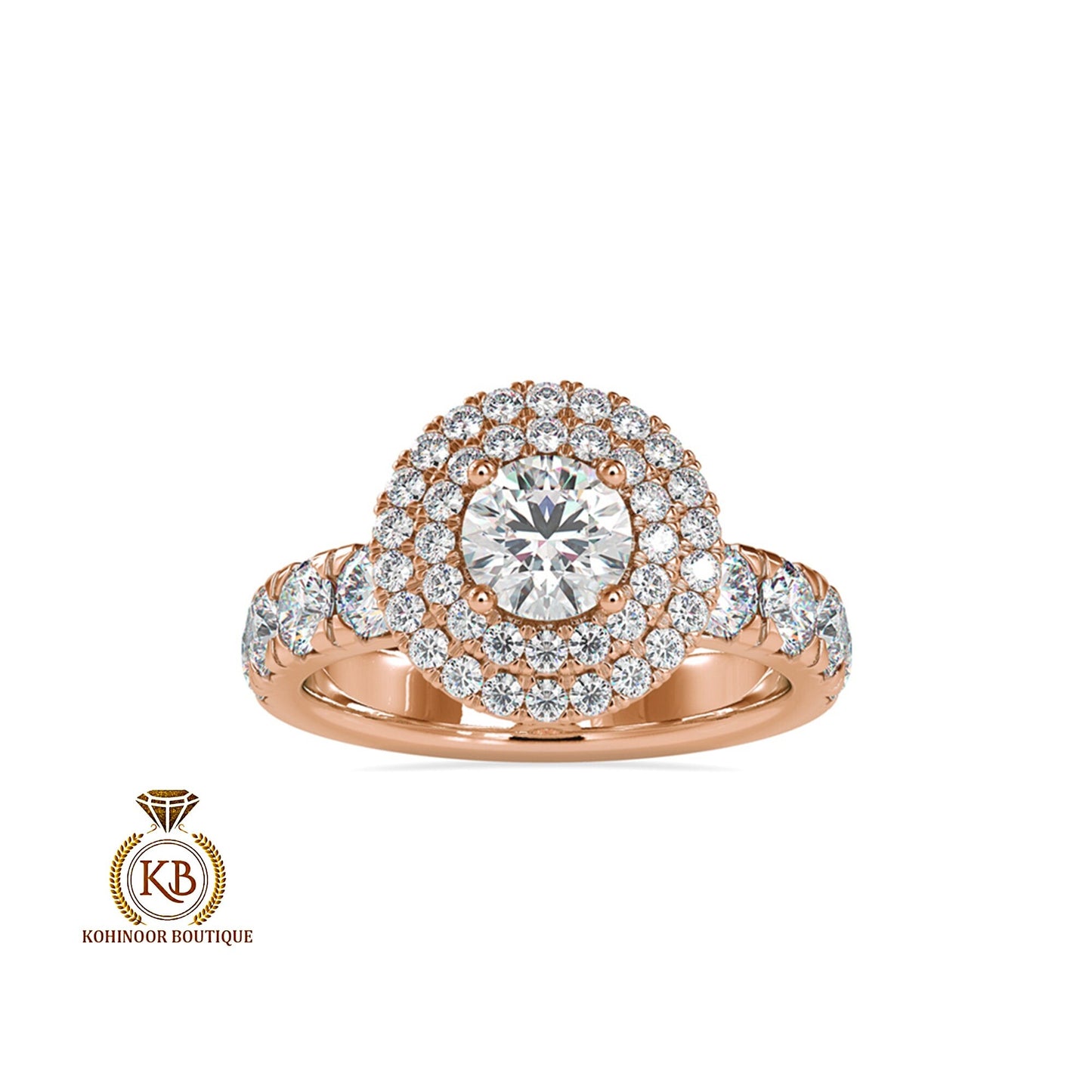 Vintage-inspired double halo Round cut Moissanite ring with french Pave band, cathedral set Engagement ring
