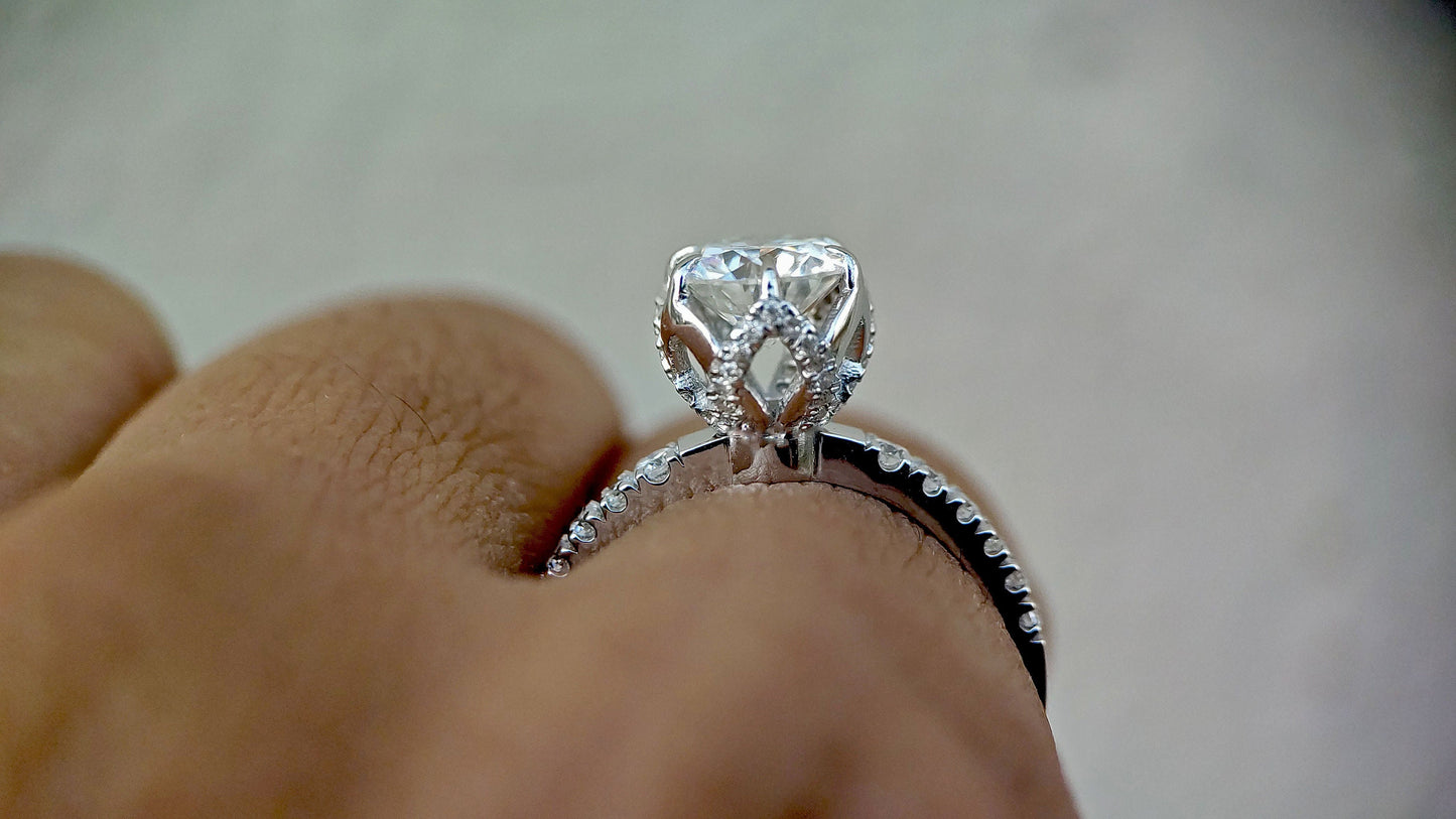Tulip Pave basket Round  with French Pave Band Moissanite Solitaire Engagement Ring, Lotus Prong with flower basket Promise\proposal Ring.