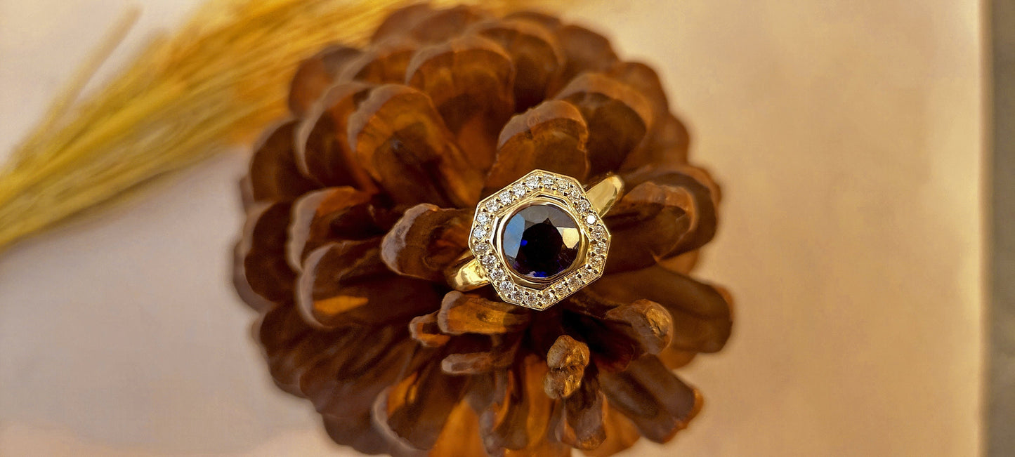 Lab Blue Sapphire with Moissanite Halo Engagement Ring, Proposal Ring, Ring for Mother, Anniversary Gift for wife