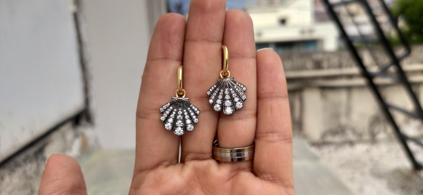 Lab grown diamond Shell shaped Georgian cut down button back set earrings, Huggie for women, earrings for women