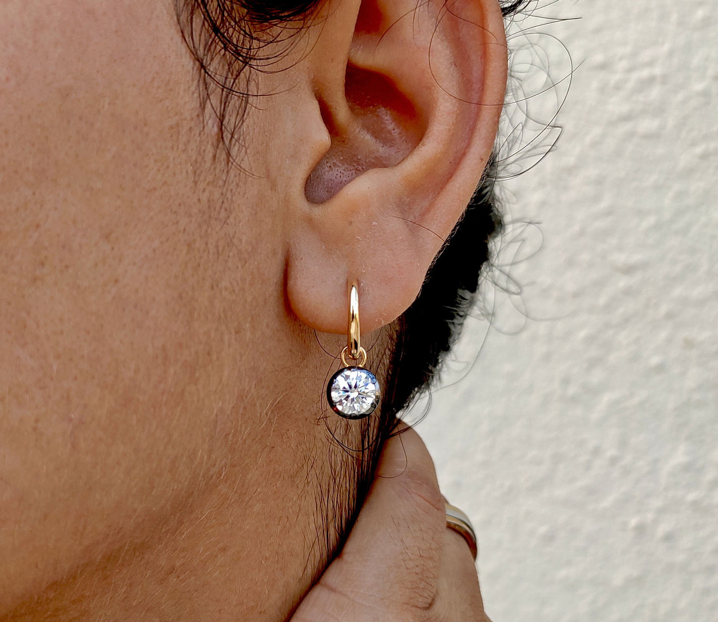 Round Moissanite button back Georgian cut down Gypset huggie, removable hoops, statement earring, blackened gold earrings.