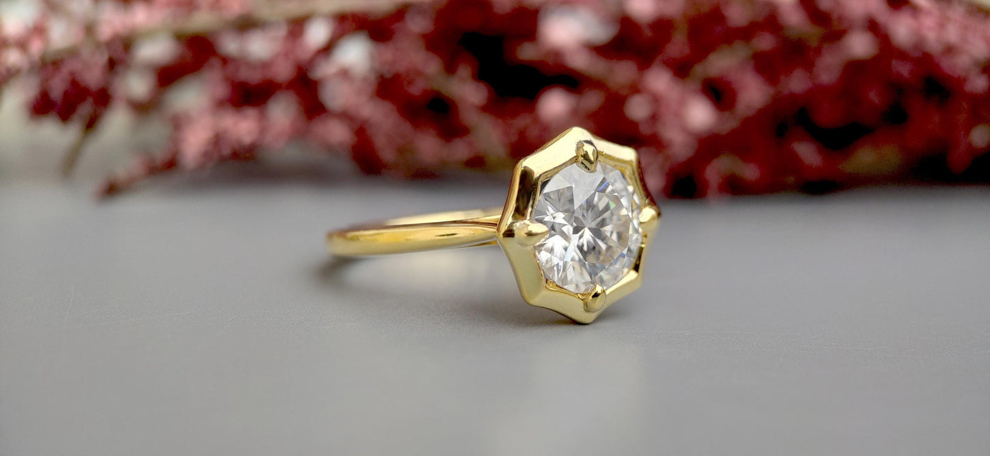 Round Moissanite Hexagon shaped bezel prong set Solitaire Engagement Ring with open gallery, ring for her, ring for women, statement ring.