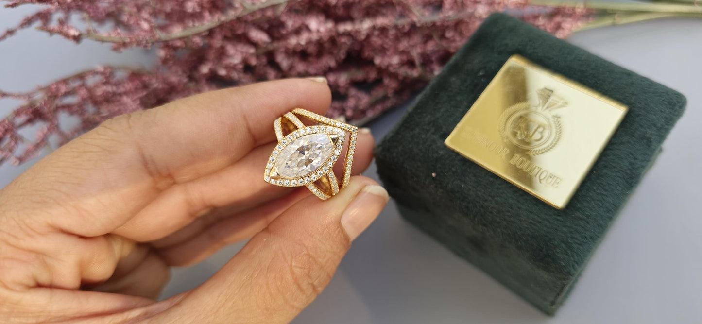 Marquise Cut Halo Moissanite Engagement Ring, Wedding Bridal Set, Anniversary gift for wife, Ring for women