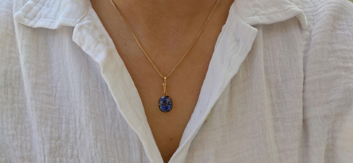 Elongated Cushion Cut Lab Blue Sapphire Pendant, Collet set Georgian cut down set Pendant without chain, Wedding Pendant