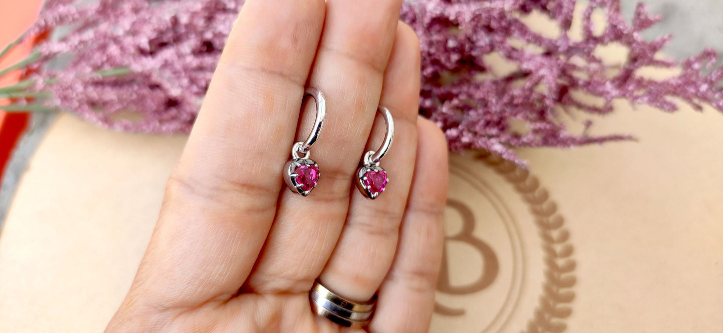 Heart Shaped Ruby button back Georgian cut down Gypset, Lab Ruby Hoops, statement earring, blackened gold earrings.