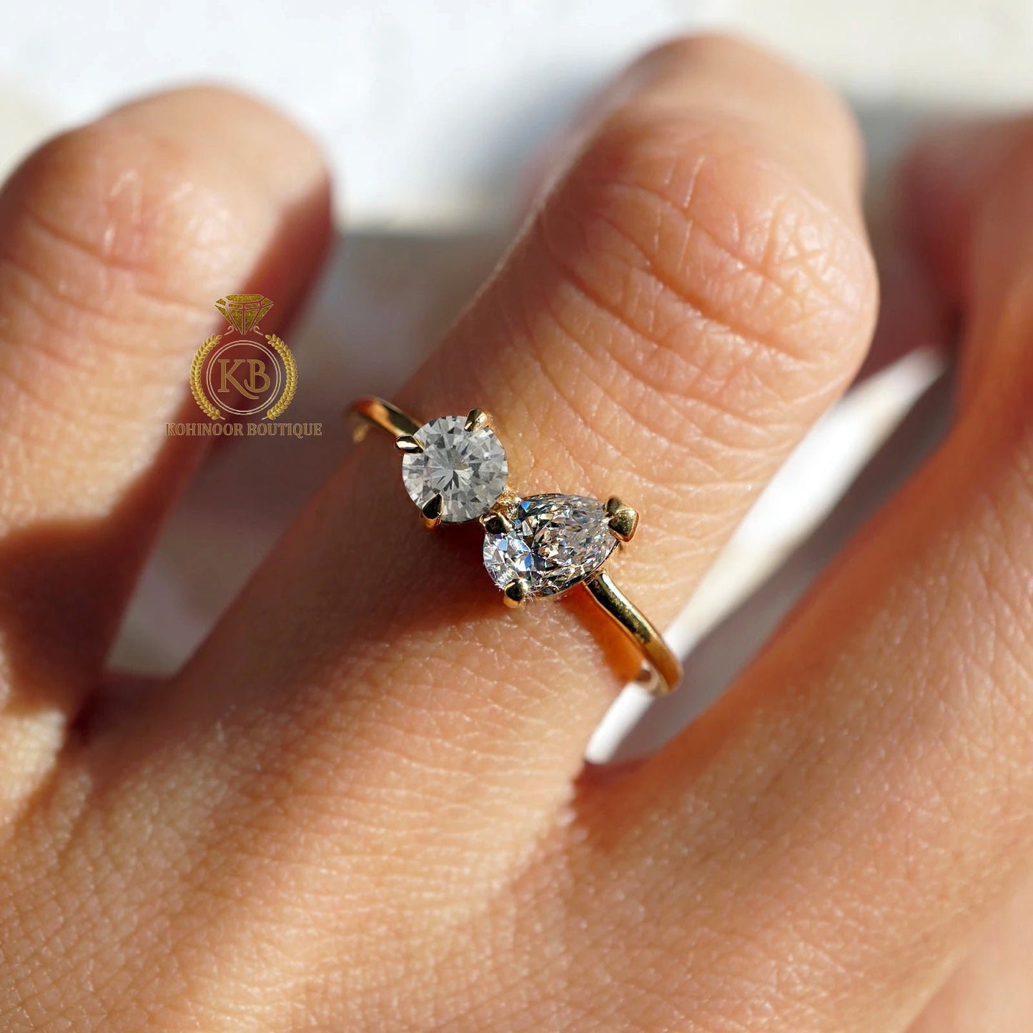 Petite Toi et Moi Round and Pear Moissanite diamond two stone Engagement ring,Can be ized in any shape & size,Celebrity 2022 trend