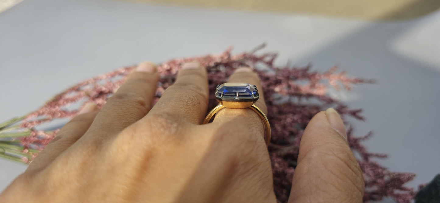 East West  set Corn flower Blue sapphire emerald Cut Georgian cut down button back solitaire engagement ring, ring for her, ring for women