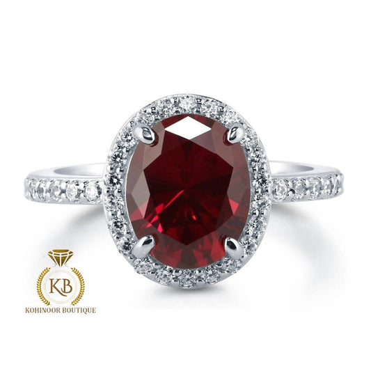Lab grown Oval Rose Cut Ruby & Round Moissanite halo with side pave Engagement Ring, Rings for women.