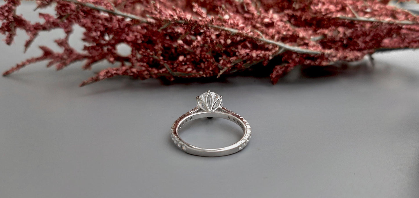 Tulip Lotus Prong French Pave Band Round Moissanite Solitaire Engagement Ring,flower basket  Promise\proposal Ring.