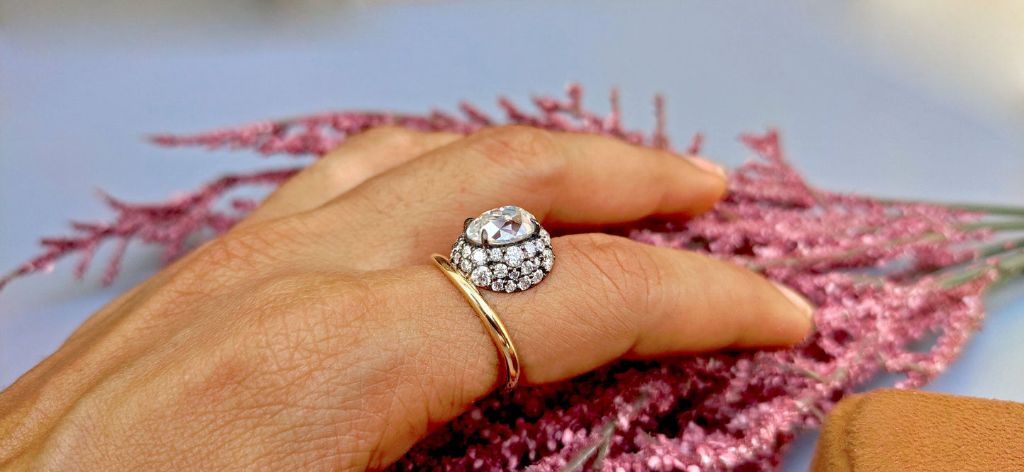 Floating Old mine cut Oval Halo set Georgian Moissanite Solitaire Engagement ring, Ring for her, right hand ring, Vintage Pave basket ring
