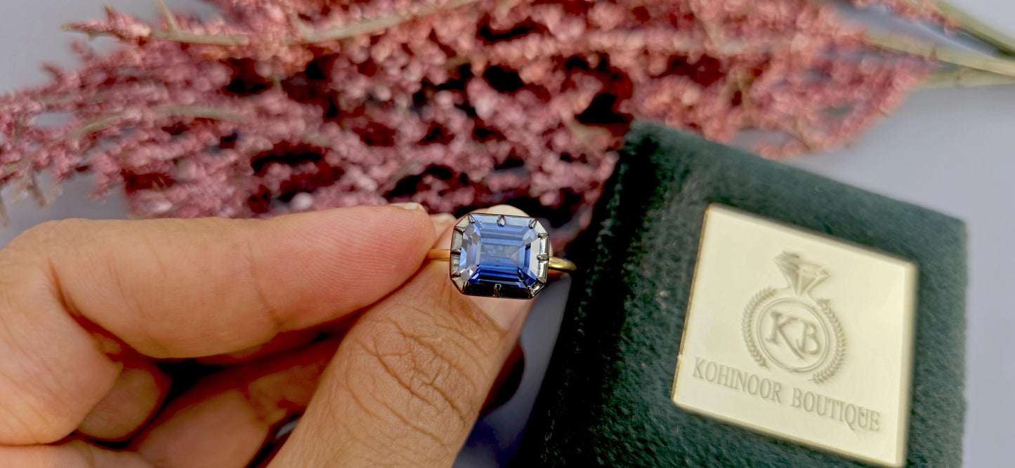 East West  set Corn flower Blue sapphire emerald Cut Georgian cut down button back solitaire engagement ring, ring for her, ring for women