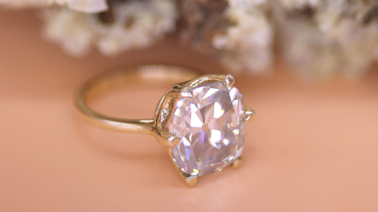 Old Mine Cut OMC Moissanite Solitaire Engagement ring, Edwardian ring, Vintage solitaire ring, Ring gift for wife, statement art deco ring.