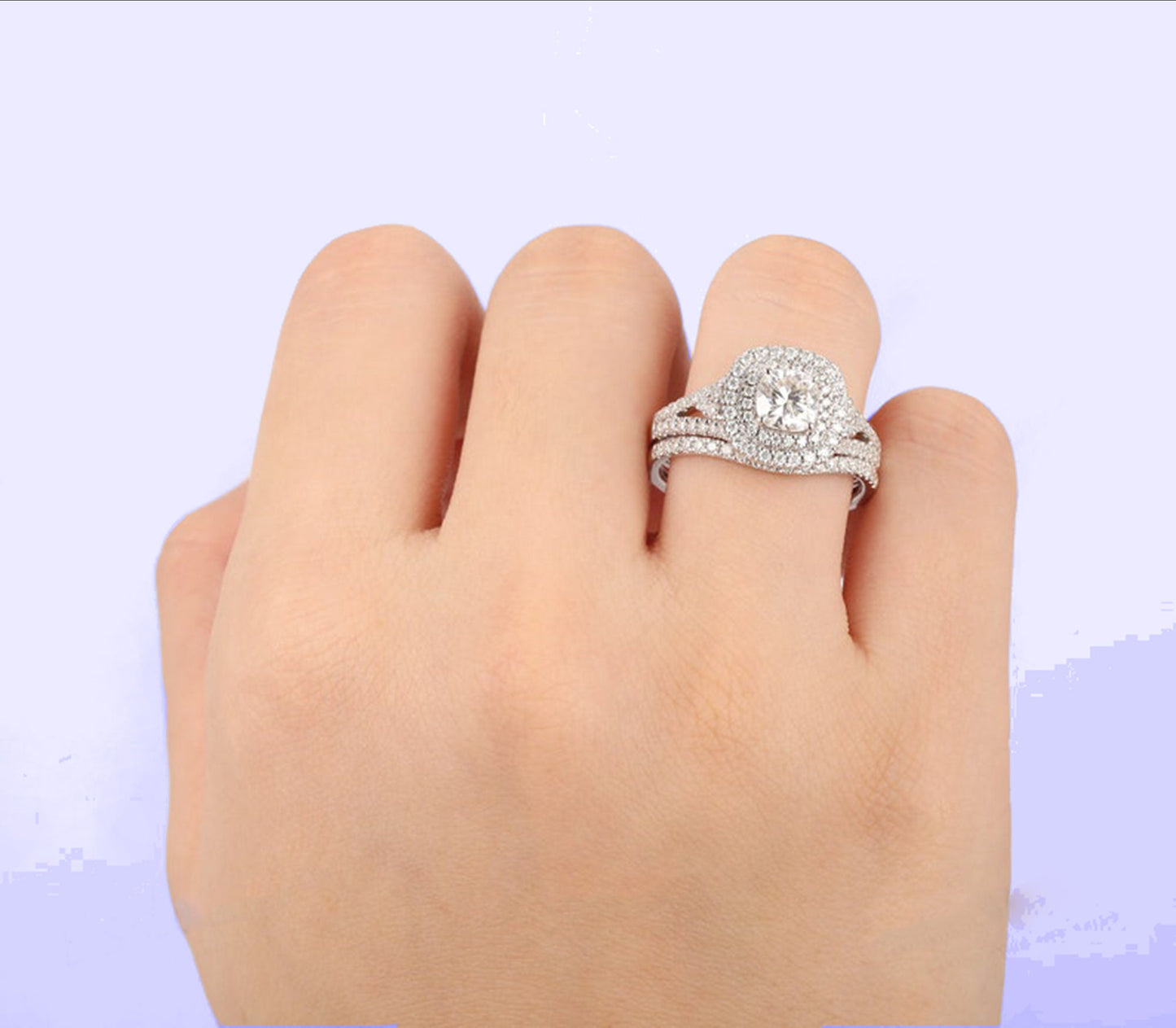 Cushion cut Moissanite double halo, split shank, Pave band with wedding band, Bridal set, Low profile engagement ring