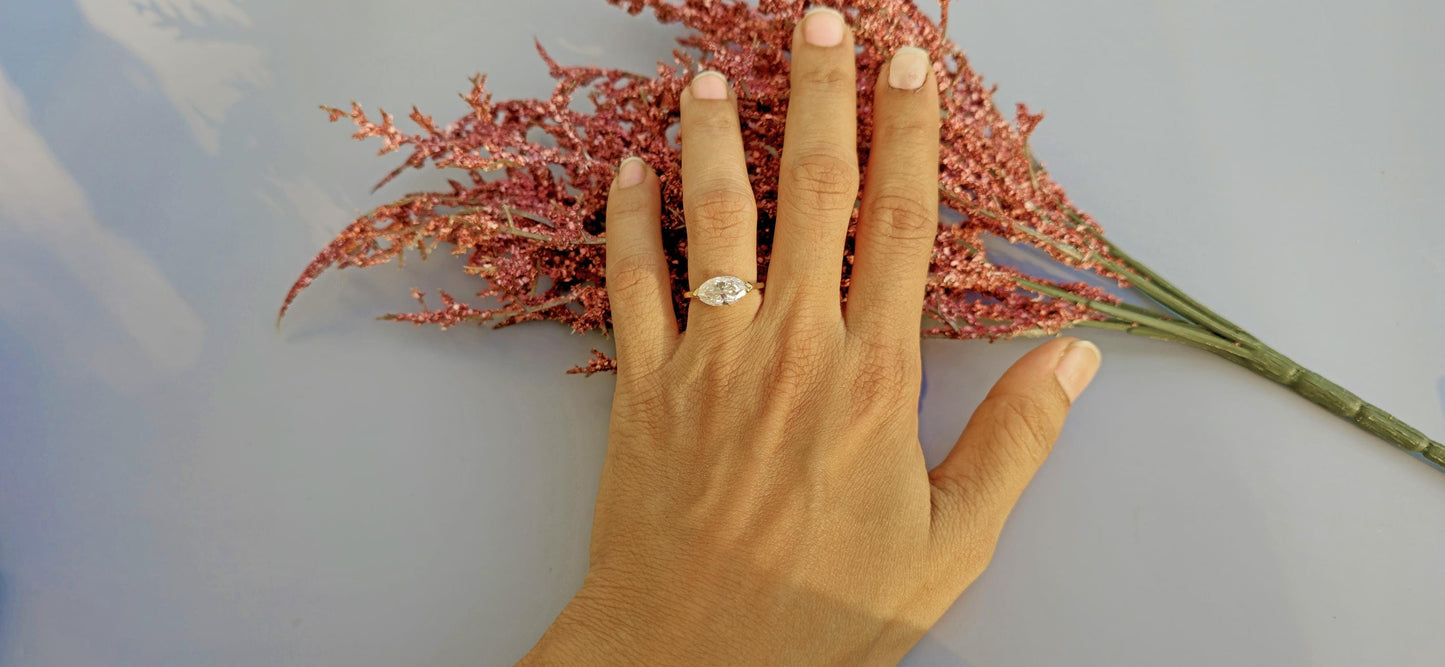 East West Bezel Set Marquise Moissanite Solitaire Engagement Ring, Rings for women, Low profile ring, statement art deco ring, ring for her.