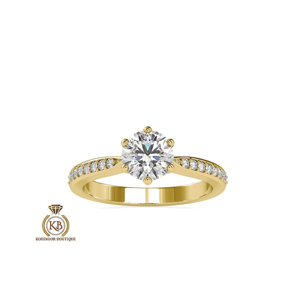 Round Cut classic Solitaire with side pave band Moissanite Engagement\Wedding\Mother Ring in 18k\14k\10k