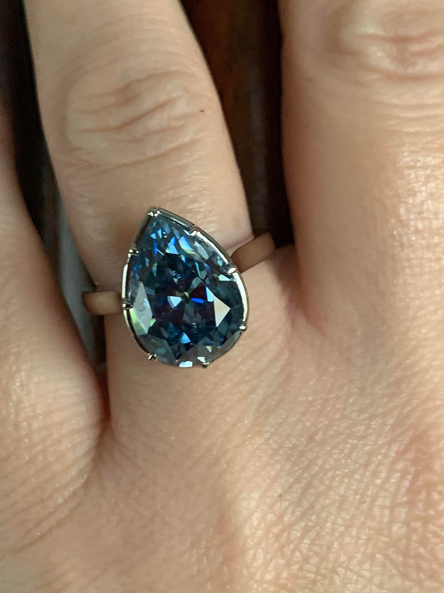 Old Mine Antique OMC Blue Pear Cut Georgian cut down Moissanite Engagement Ring, Tulip Basket ring, Tulip Petal ring, Floral basket ring