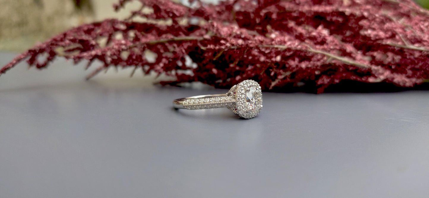Vintage Cushion Cut Cathedral set Moissanite Double Halo double side pave milgrain pave basket with Lab rubies and and pave basket band.