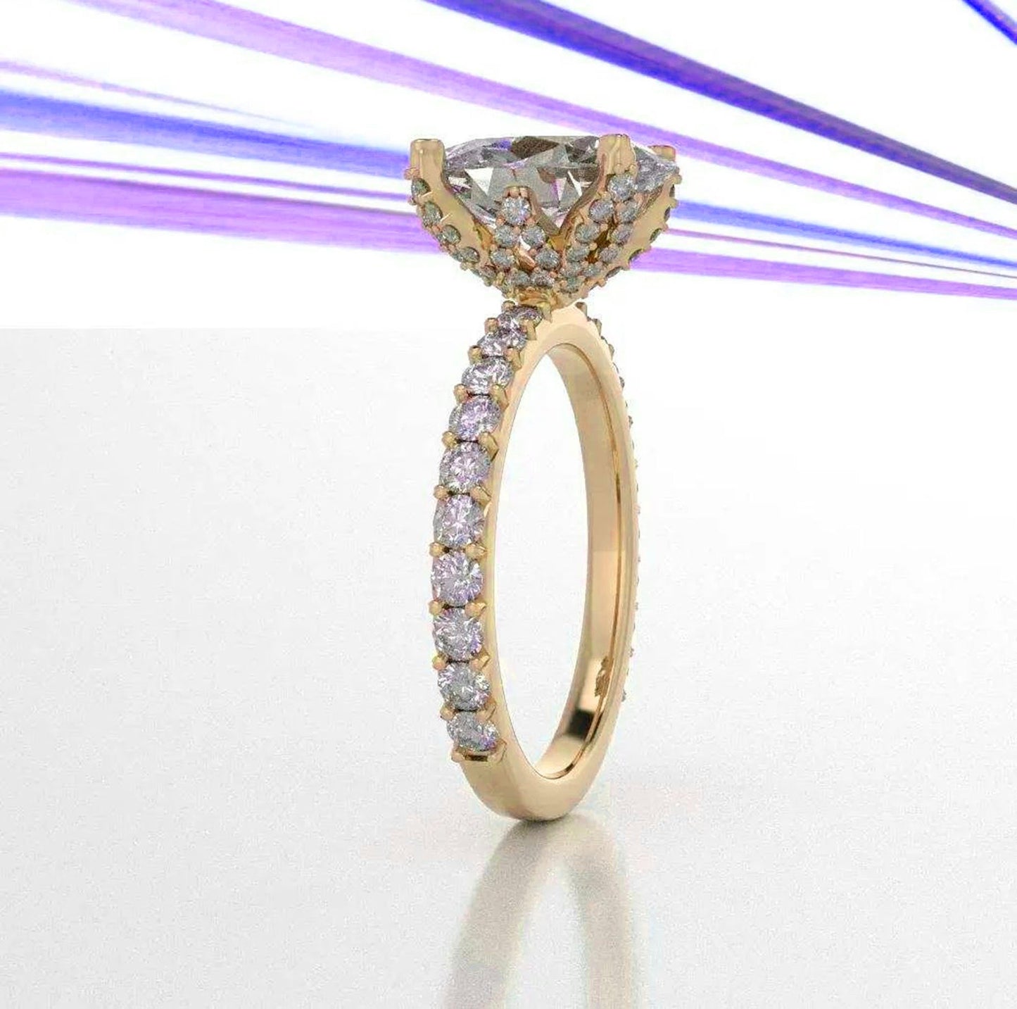Tulip Lotus Prong Oval Moissanite Solitaire Engagement Ring with Pave basket and French set Pave band, petal prong ring, tulip prong ring.