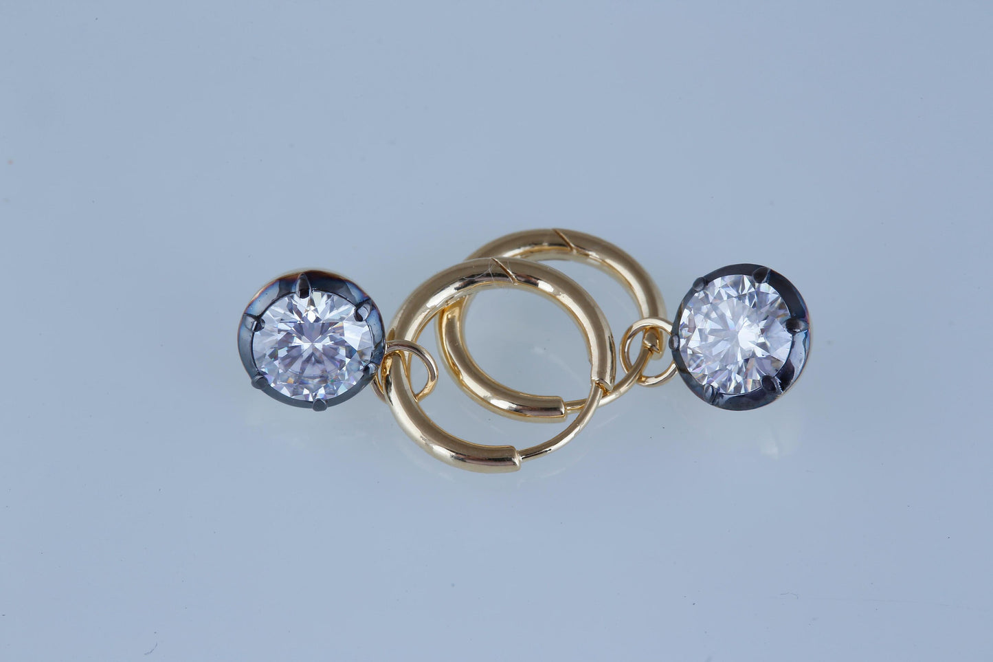Round Lab grown diamond button back Georgian cut down Gypset huggie, removable hoops, statement earring, blackened gold earrings.