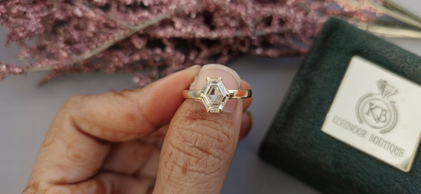 One of a kind Elongated Hexagon shaped Bezel set with Lab grown daimond Solitaire Engagement ring, ring for women, proposal ring