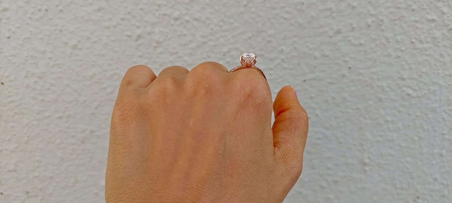Tulip Pave basket Round  with French Pave Band Moissanite Solitaire Engagement Ring, Lotus Prong with flower basket Promise\proposal Ring.