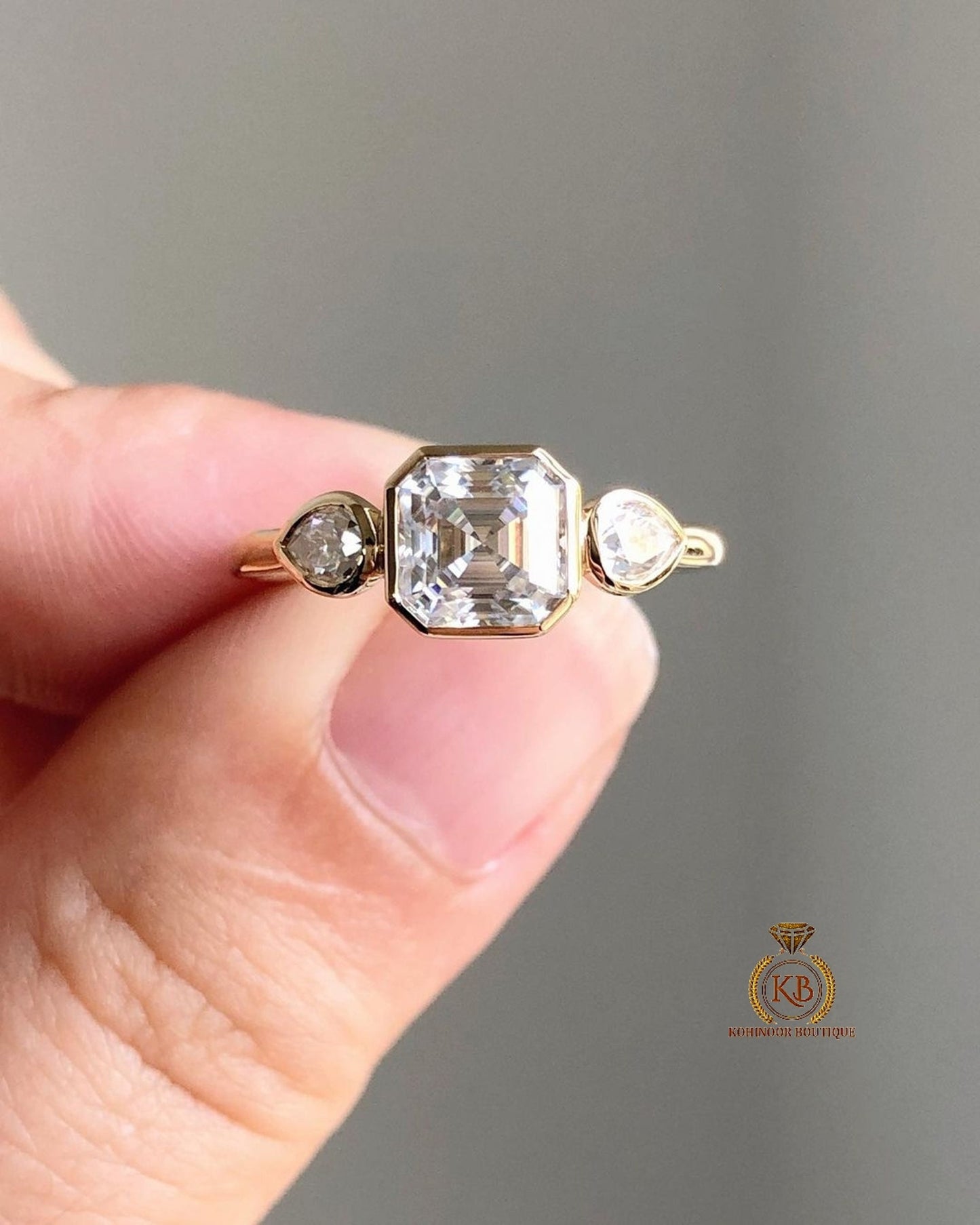 Asscher & Pear Cut Moissanite 3 stone Engagement Ring, Rings for women, Ring for her