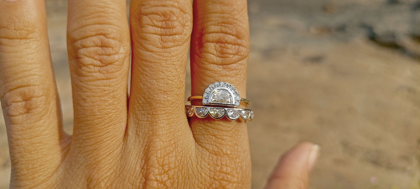 Half Moon Moissanite halo Engagement ring with Half moon Wedding band,Modern Bridal Ring Set,Ring for her,Gift for women,Half moon lace band