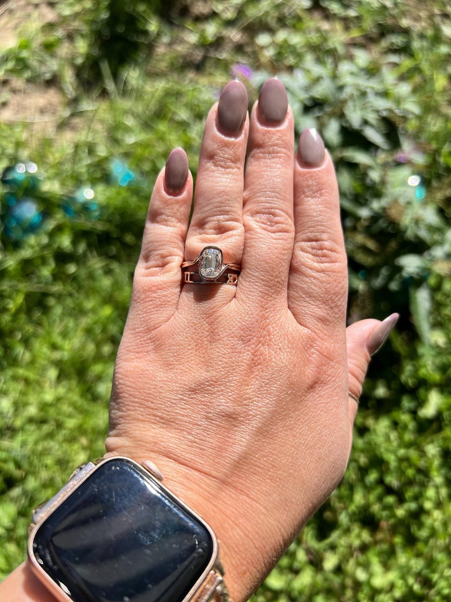 Old Mine Cut OMC Elongated Cushion Cut Moissanite Engagement Ring, Antique Half Bezel Set. Unique Solitaire proposal ring, ring for her.