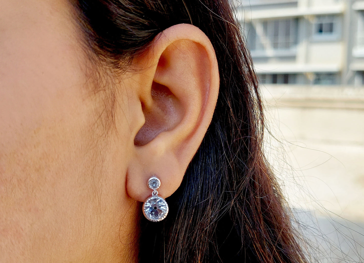 Ready to ship OEC Round Rock Crystal Milgrain Bezel Dangle Drop Earrings for Women, Vintage everyday earrings, Push back\Screw back Earrings