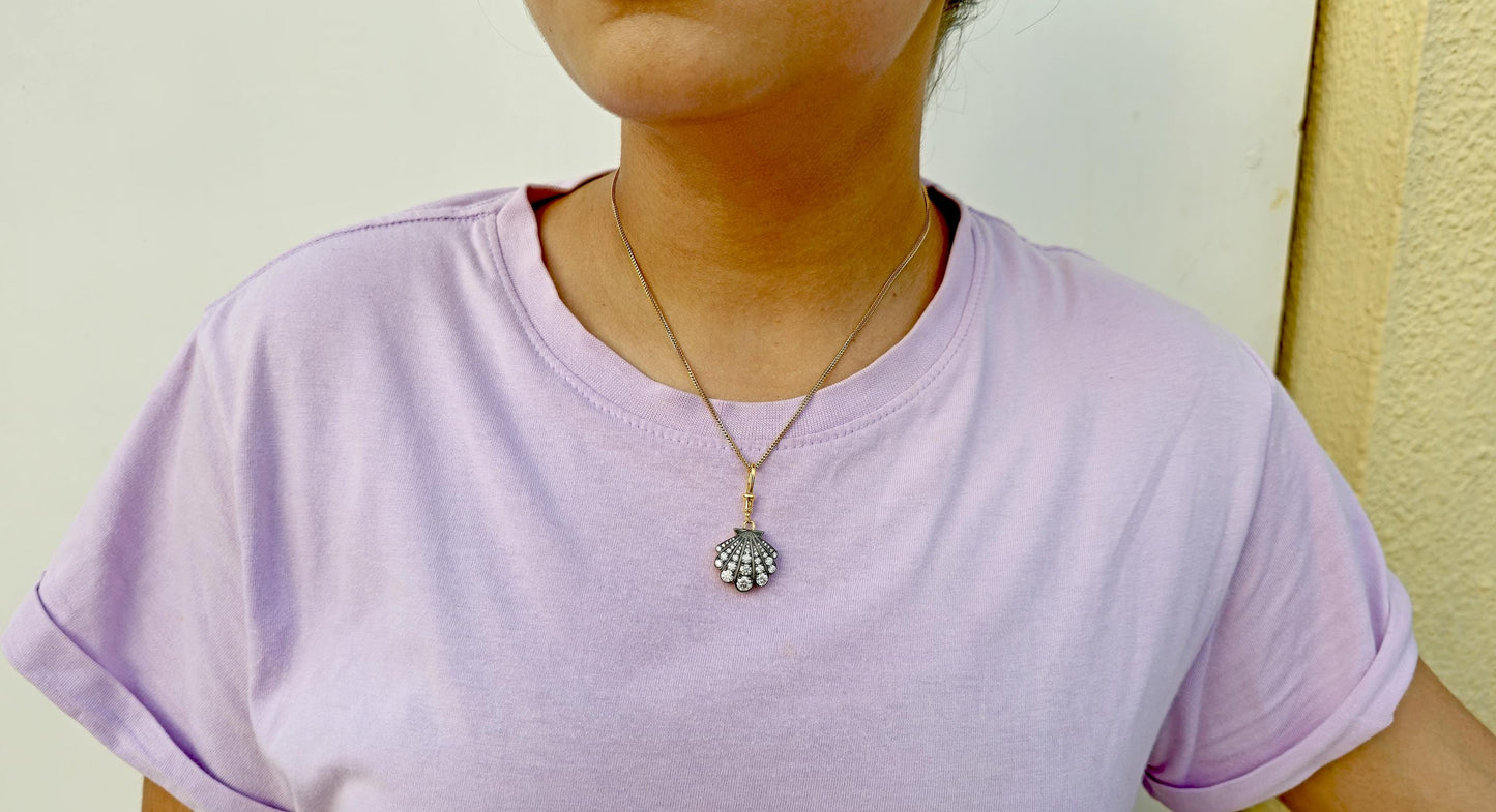 Sea shell charm Moissanite blackened gold Georgian Pendant with dog clip swivel clasp without chain, Circa Vintage Pendant.