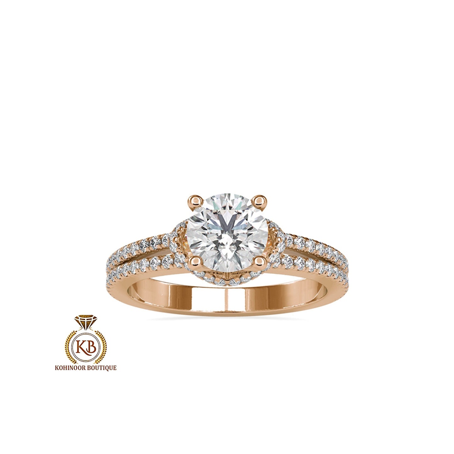 Round Solitaire with side U cut double pave with collar , plunge halo Moissanite Engagement ring, rings for women, ring for her.
