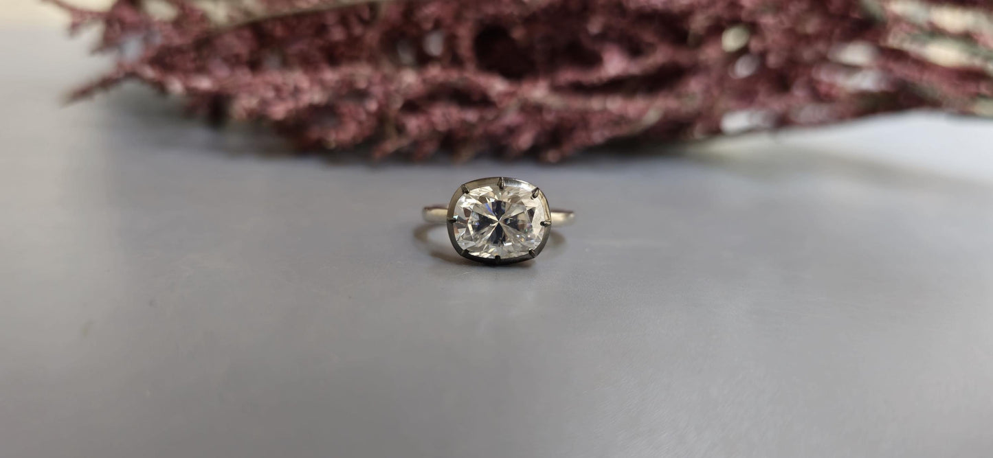 East West set Elongated Cushion Cut Moissanite Georgian cut down button back solitaire engagement ring, ring for her, ring for women