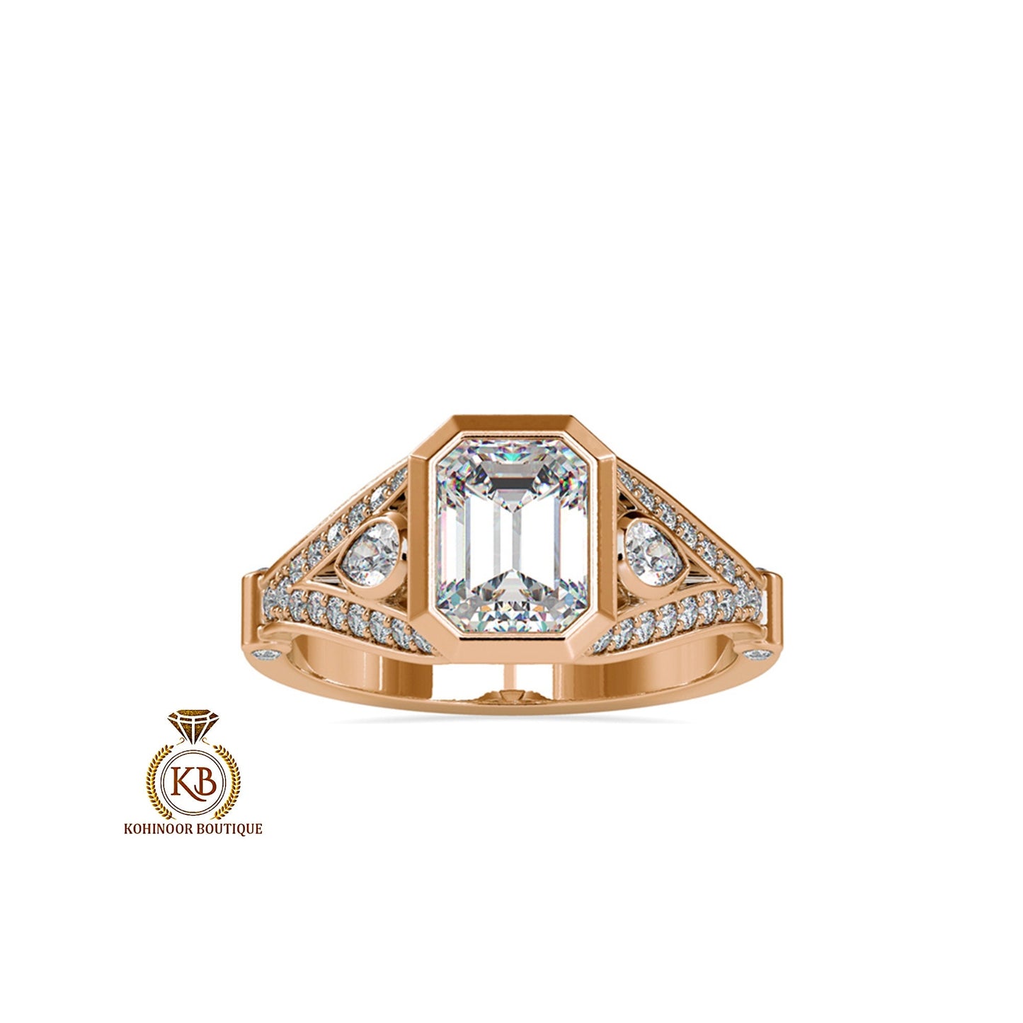 Bezel set Emerald and Pear Cut 3 stone with side pave split shank Moissanite Engagement ring, Ring for women, art deco ring, ring for her.