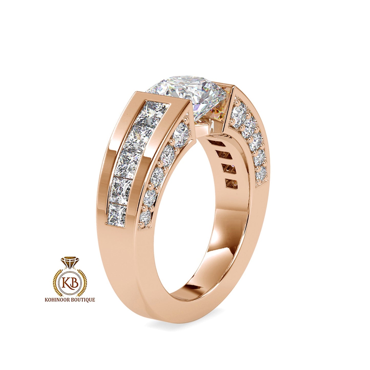 Round Cut Moissanite with princess cut side pave Engagement Ring, Proposal\Anniversary\Wedding Ring for Men\Women\Unisex Band