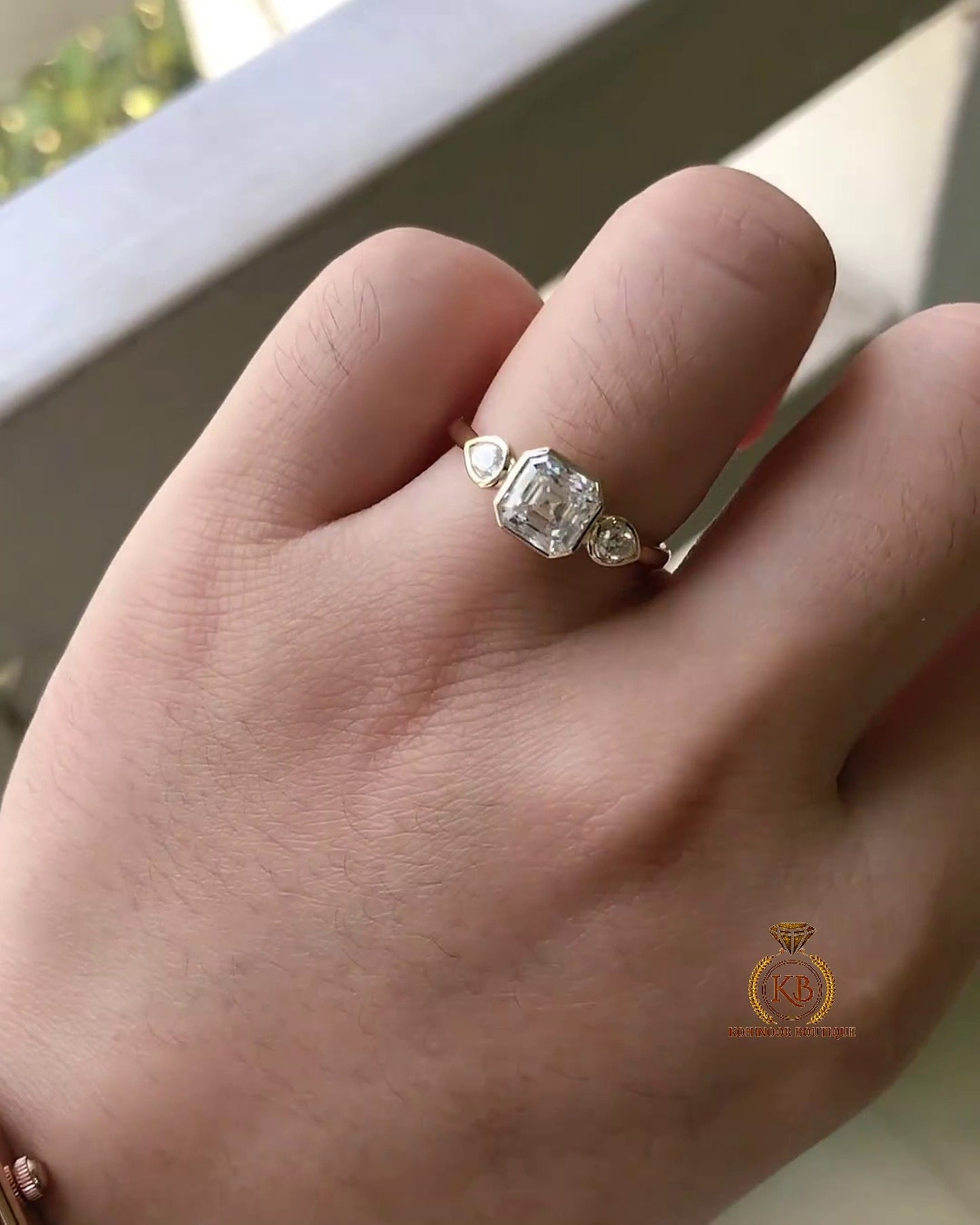 Asscher & Pear Cut Moissanite 3 stone Engagement Ring, Rings for women, Ring for her