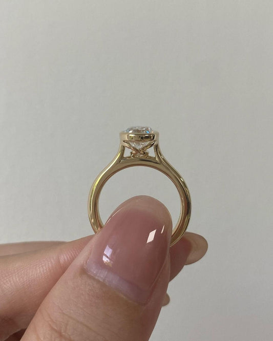 Bezel Set Oval Moissanite Solitaire Engagement ring, Cross over cathedral set Ring for her, Proposal ring, Promise ring, Ring for women