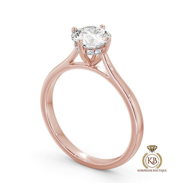 Compass prong set Round Cut Hidden Halo Cathedral set Solitaire Moissanite Engagement ring, ring for her, proposal ring, gift for women