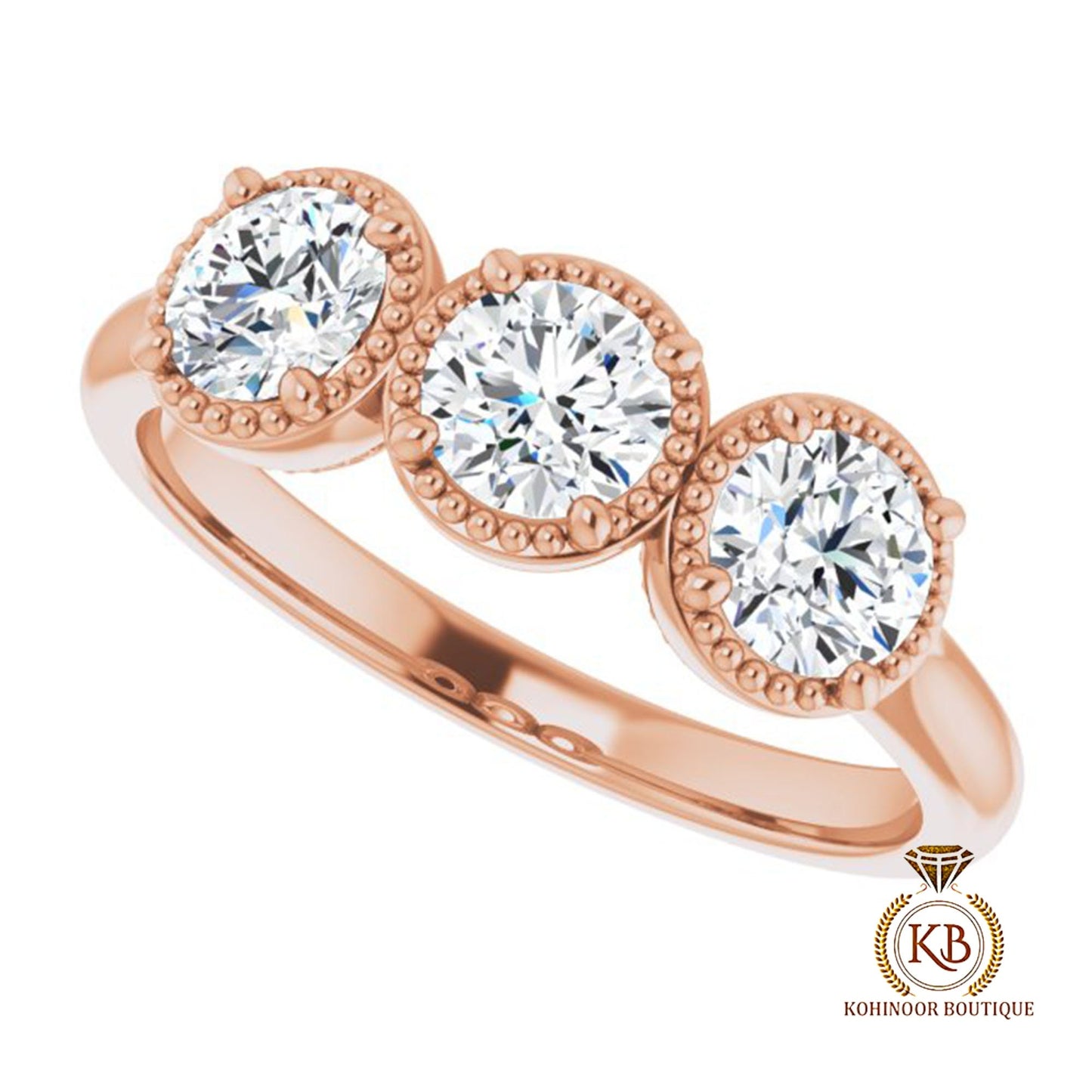 3 Stone Round Bezel Milgrain Set Moissanite Engagement ring, Proposal ring, Vintage low profile set ring, ring for her, gift for women.