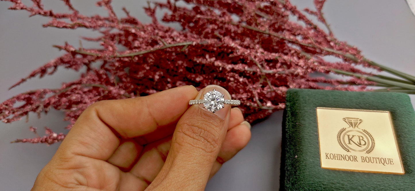 Tulip Lotus Prong French Pave Band Round Moissanite Solitaire Engagement Ring,flower basket  Promise\proposal Ring.