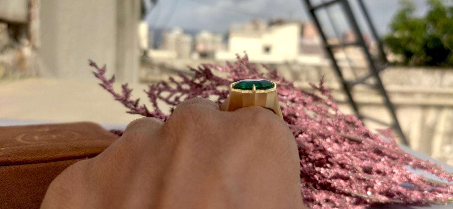 Lab Emerald Georgian cut down Compass prongs set Knife edge Signet Solitaire ring in matt\Glossy finish, Ring for her\Women