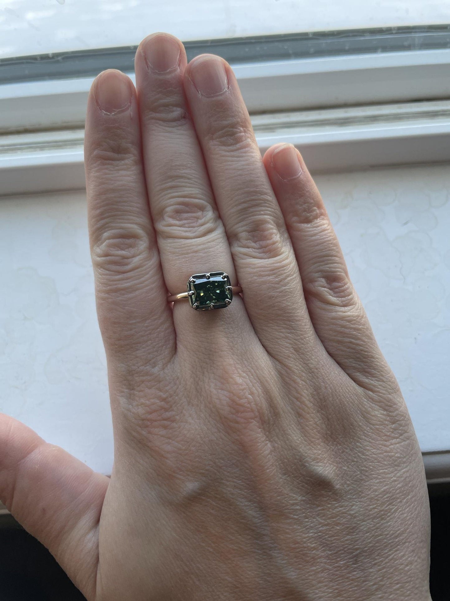 Green Radiant Cut Moissanite East West Georgian Style Bezel Set Solitaire ring, ring for women, Unique ring for her, statement ring