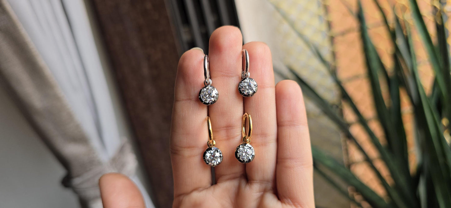 Round Moissanite button back Georgian cut down Gypset huggie, removable hoops, statement earring, blackened gold earrings.