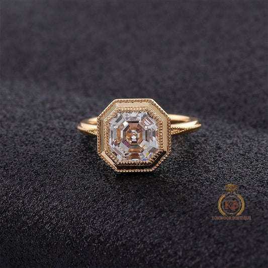 Asscher cut Milgrain Bezel Moissanite Solitaire with knife edge band Engagement Ring , wedding anniversary gift, birthday gift, ring for her