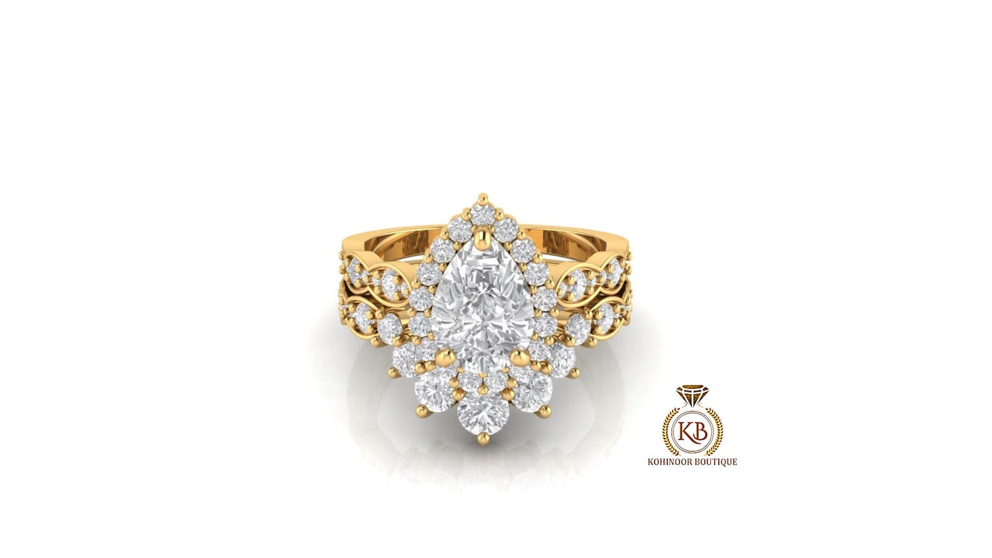Pear Cut Halo Vintage Moissanite Engagement Ring, Wedding Bridal Set, Anniversary gift for wife, Ring for women