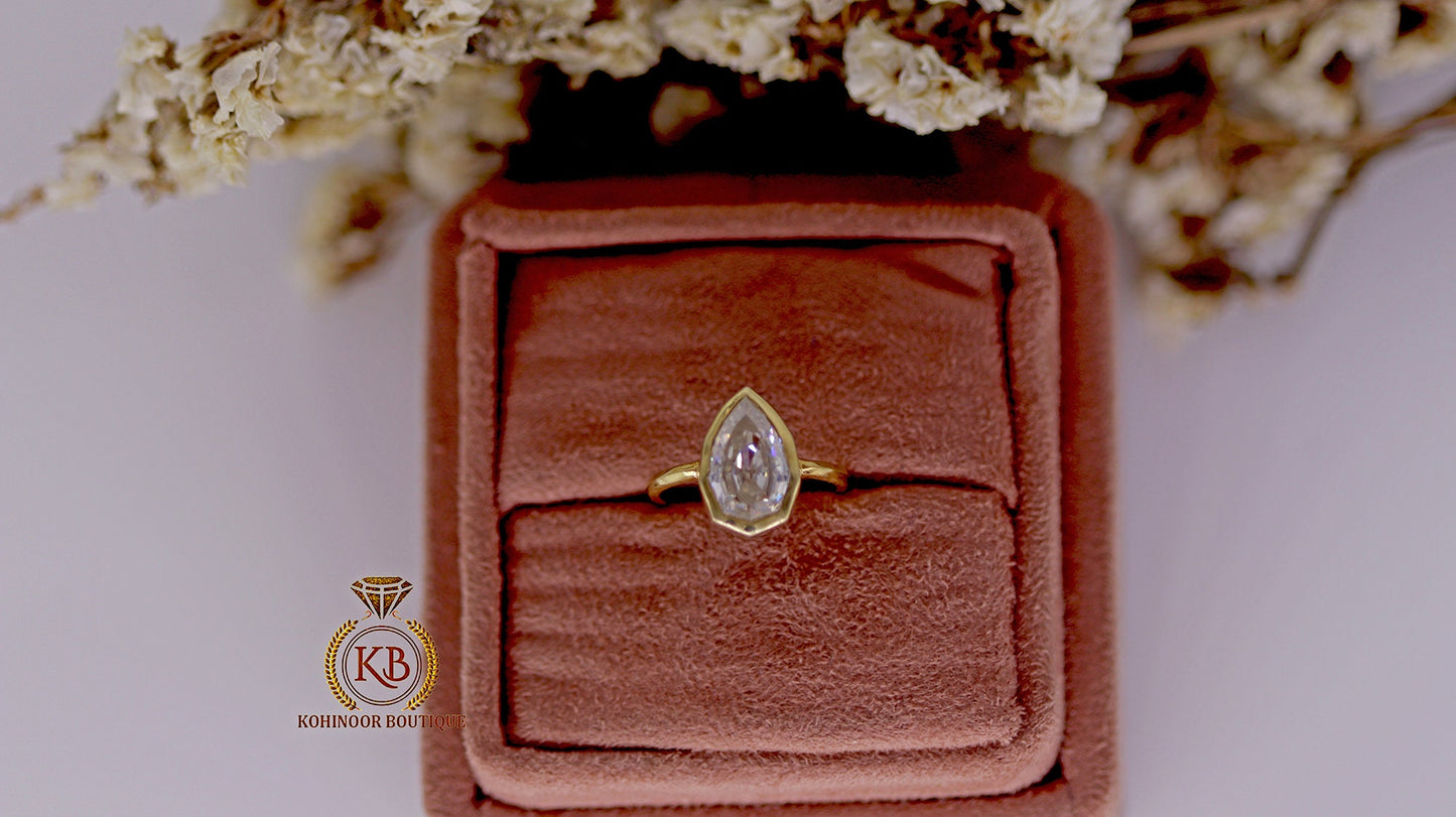 Step Cut Pear Moissanite Bezel Set Solitaire Engagement ring, art deco ring, ring for her, gift for women