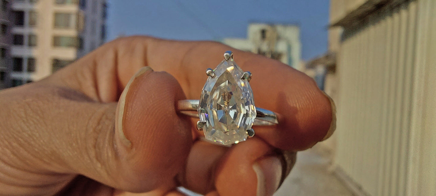 Step Cut Pear Moissanite Solitaire Engagement Ring, Unique moissanite stone, Ring for her, Gift for her, Wedding anniversary gift for wife