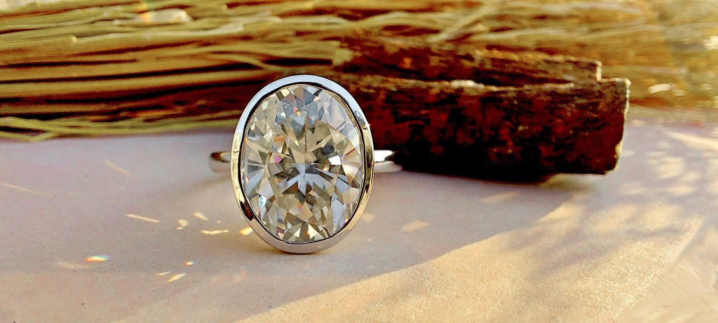 Bezel set crushed ice oval Moissanite Solitaire Engagement ring, Ring for her, Anniversary gift for wife, Mother ring, statement ring