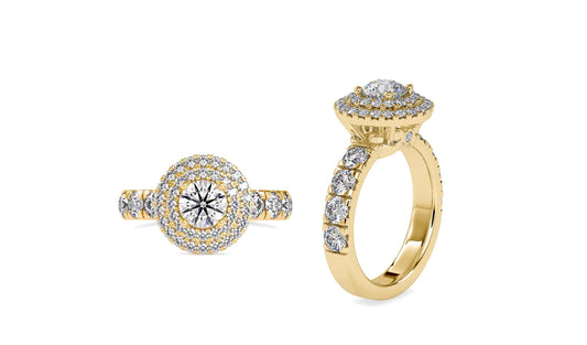Vintage-inspired double halo Round cut Moissanite ring with french Pave band, cathedral set Engagement ring